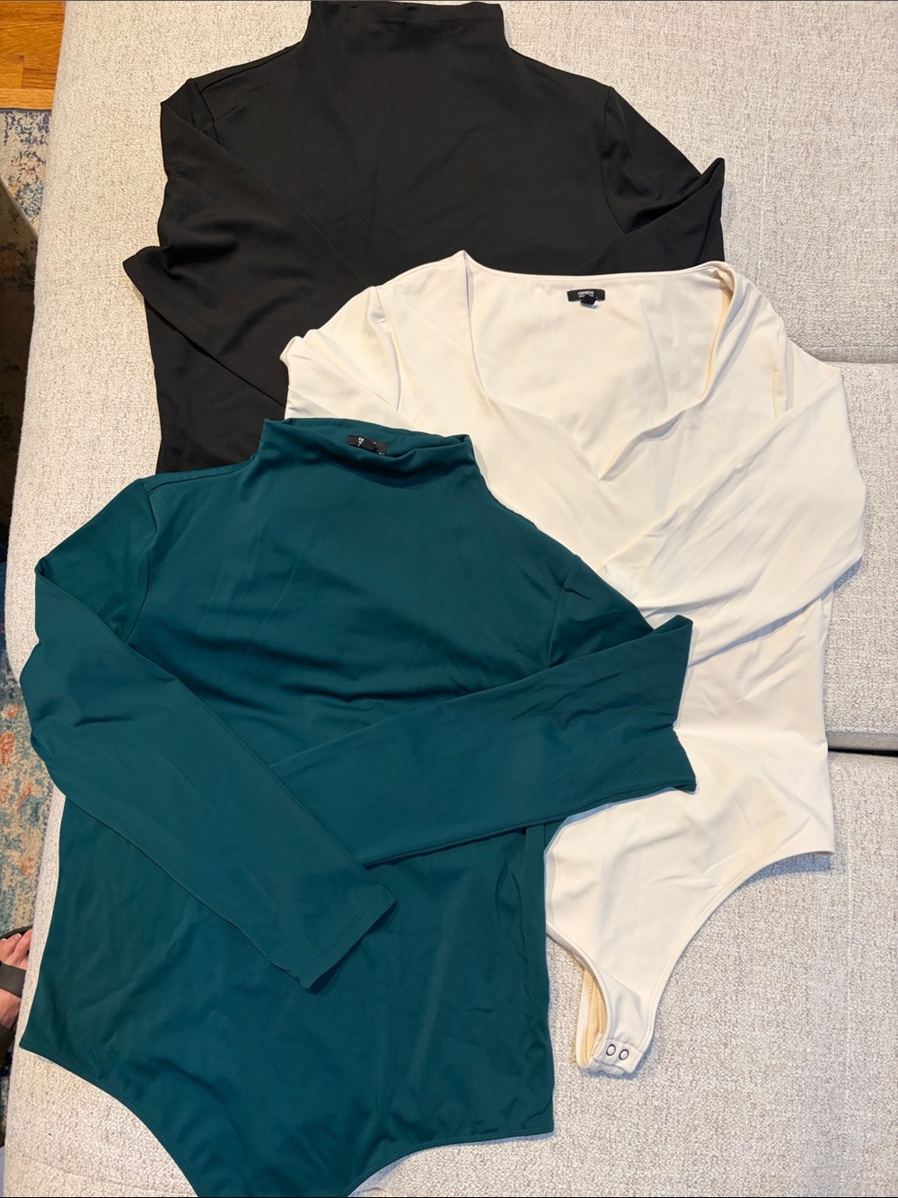 Bundle: Express Long Sleeve Thong Bodysuits - Black, Cream, Teal